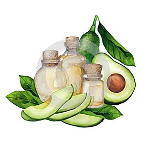 Watercolor essential oil bottle decorated with avocado fruits and leaves