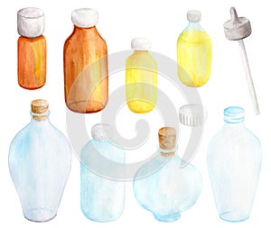 Watercolor essential oil in glass dropper bottles set. Hand drawn aromatherapy spa elements collection on white background for