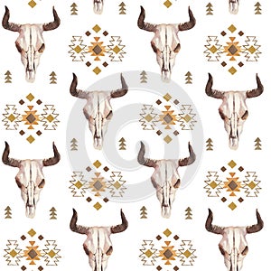 Watercolor ethnic boho seamless pattern of bull cow skull, horns & tribe ornament on bright background