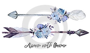 Watercolor ethnic boho set of arrows, feathers and blue flowers
