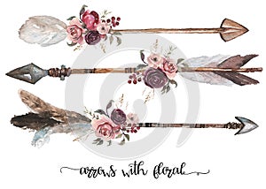 Watercolor ethnic boho set of arrows, feathers and flowers