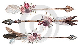 Watercolor ethnic boho set of arrows, feathers and flowers