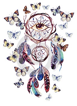 Watercolor ethnic dream catcher with all seeing eye.