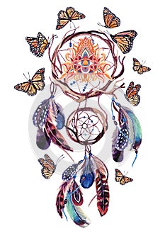 Watercolor ethnic dream catcher with all seeing eye in pyramid.