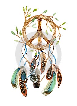 Watercolor ethnic dream catcher and peace sign.