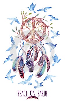 Watercolor ethnic dream catcher and peace sign.