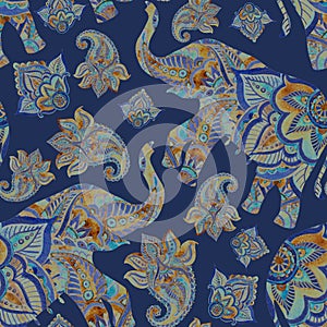 Watercolor ethnic elephant with paisley elements background.