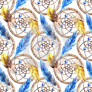 Watercolor ethnic tribal hand made feather dream catcher seamless pattern