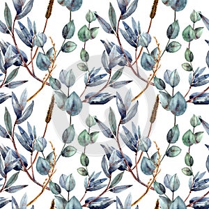 Watercolor eucalyptus branches seamless pattern