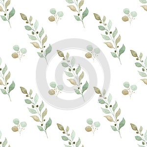 Watercolor eucalyptus branches seamless pattern. Hand painted greenery leaves digital paper.