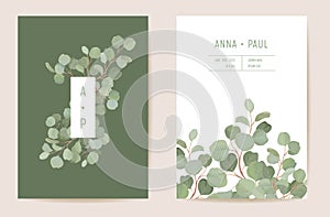 Watercolor eucalyptus, green leaf branches floral wedding card. Vector tropical leaves greenery invitation