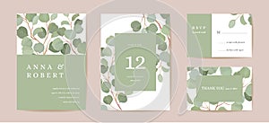 Watercolor eucalyptus, green leaf branches floral wedding card. Vector tropical leaves greenery invitation