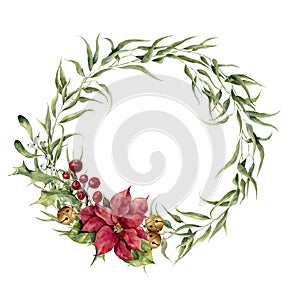 Watercolor eucalyptus wreath with bells, holly, mistletoe and poinsettia. Eucalyptus branch and christmas decor for