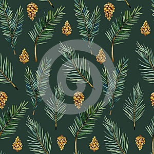 Watercolor evergreen christmas seamless pattern with fir twigs and pine cone, winter greenery floral for to the textile fabric