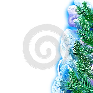 Watercolor evergreen spruce framing on free paint design background. Hand drawn christmas tree with snow cap. New Year 2017