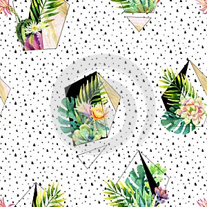 Watercolor exotic abstract terrarium plants seamless pattern.