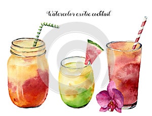 Watercolor exotic cocktails set. Hand painted summer tropical drink isolated on white background. Food illustration. For