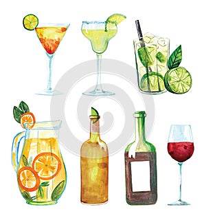 Watercolor exotic drink alcohol cocktail set