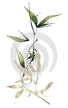 Watercolor exotic greenery bouquet. Green bamboo branches, leaves and golden texture twigs.