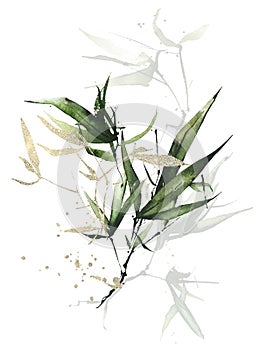 Watercolor exotic greenery bouquet. Green bamboo branches, leaves and golden texture twigs.