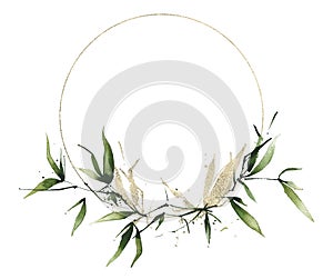 Watercolor exotic greenery round line frame. Green bamboo branches, leaves and golden texture twigs.