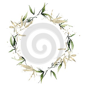 Watercolor exotic greenery round wreath frame. Green bamboo branches, leaves and golden texture twigs.
