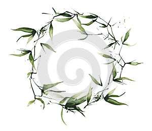 Watercolor exotic greenery round wreath frame. Green bamboo branches, leaves and twigs.