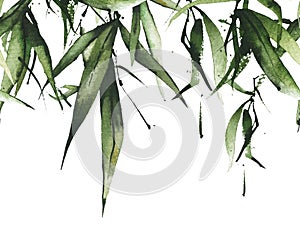 Watercolor exotic greenery seamless border frame. Green bamboo branches, leaves and twigs.