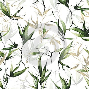 Watercolor exotic greenery seamless pattern. Green bamboo branches, leaves and golden texture twigs.