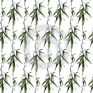 Watercolor exotic greenery seamless pattern. Green bamboo branches, leaves and twigs.