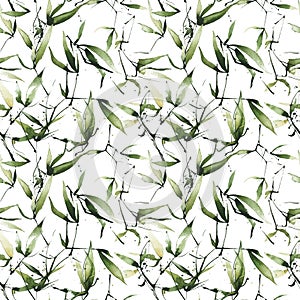 Watercolor exotic greenery seamless pattern. Green bamboo branches, leaves and twigs.