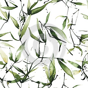 Watercolor exotic greenery seamless pattern. Green bamboo branches, leaves and twigs.