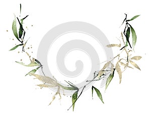 Watercolor exotic greenery semicircular bamboo frame. Green and golden texture branches, leaves and twigs. photo