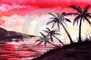 Watercolor exotic landscape of sunset at bay. Beautiful scarlet sky, white fluffy clouds and black silhouettes of palms on coasts