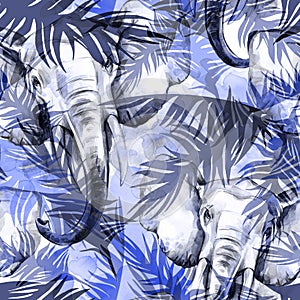 Watercolor exotic seamless pattern. Elephants with colorful tropical leaves. African animals background. Wildlife art
