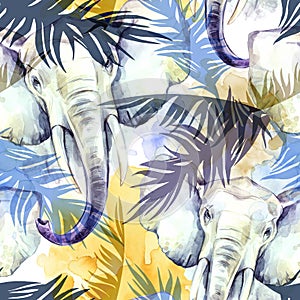 Watercolor exotic seamless pattern. Elephants with colorful tropical leaves. African animals background. Wildlife art