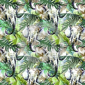 Watercolor exotic seamless pattern. Elephants with colorful tropical leaves. African animals background. Wildlife art