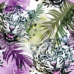 Watercolor exotic seamless pattern. Leopards with colorful tropical leaves. African animals background. Wildlife art