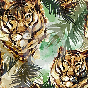 Watercolor exotic seamless pattern. Tigers with colorful tropical leaves. African animals background. Wildlife art