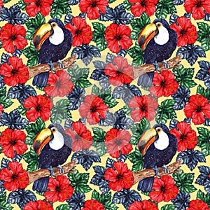 Watercolor exotic tropical flower hibiscus animal bird toucan seamless pattern texture background