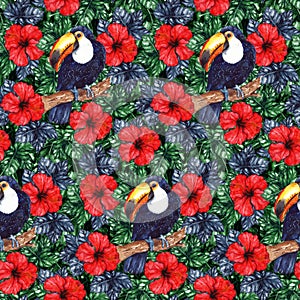 Watercolor exotic tropical flower hibiscus animal bird toucan seamless pattern texture background