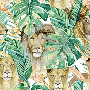 watercolor exotic wildlife Africa seamless pattern. Golde chain, tropical leaves and lion and lioness