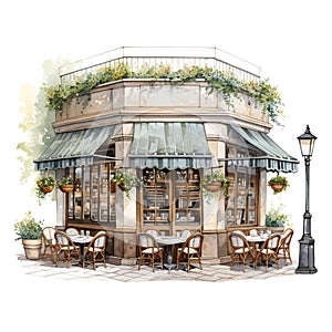 Watercolor exterior French restaurant.