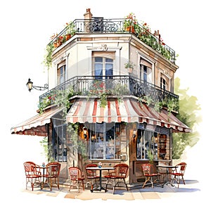 Watercolor exterior French restaurant.