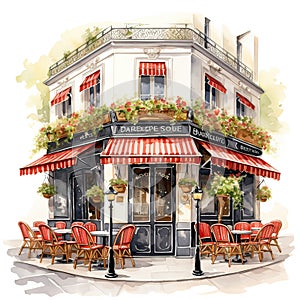 Watercolor exterior French restaurant.