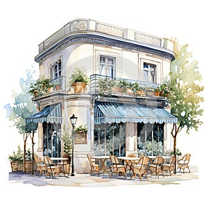 Watercolor exterior French restaurant.