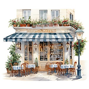 Watercolor exterior French restaurant.