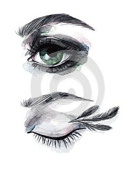 Watercolor eyes. Smokey eye makeup. Open eye and closed eye. Watercolor fashion illustration