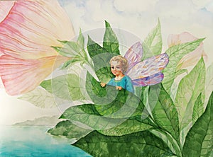 Watercolor Fairy garden magical creature. Little elf angel in green leaves pink flowers. Abstract summer background