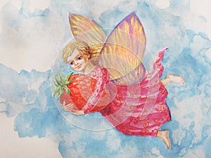 Watercolor Fairy garden magical creature. Little elf angel in green leaves pink flowers. Abstract summer background